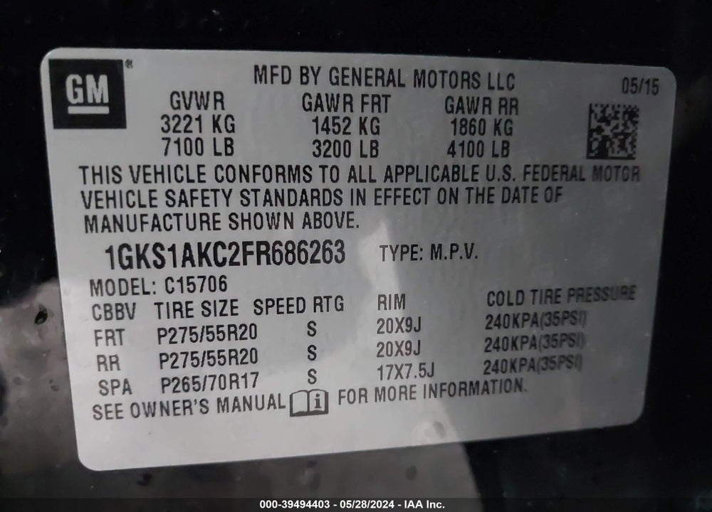 2015 GMC YUKON SLE VIN: 1GKS1AKC2FR686263