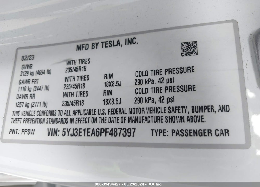 2023 TESLA MODEL 3 REAR-WHEEL DRIVE VIN: 5YJ3E1EA6PF487397