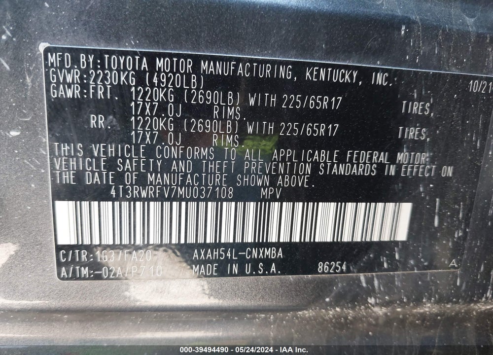 2021 TOYOTA RAV4 XLE HYBRID VIN: 4T3RWRFV7MU037108