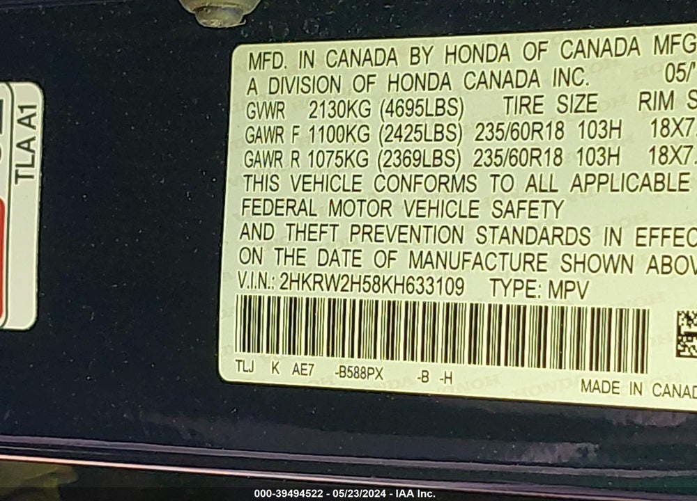 2019 HONDA CR-V EX VIN: 2HKRW2H58KH633109