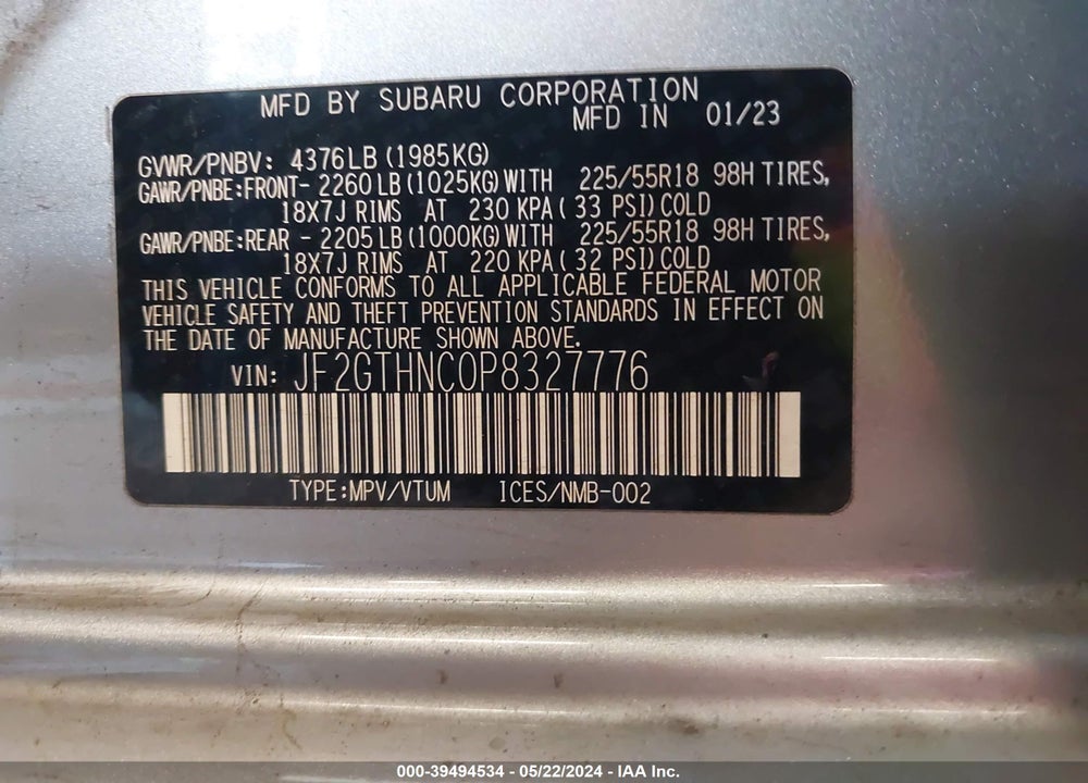 2023 SUBARU CROSSTREK LIMITED VIN: JF2GTHNC0P8327776