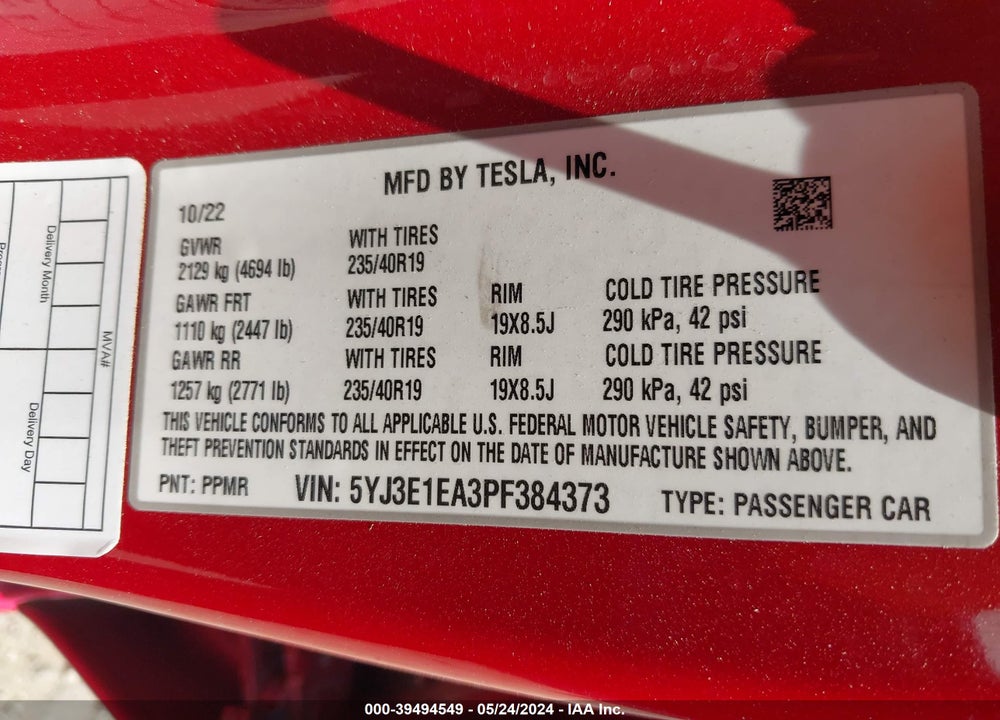 2023 TESLA MODEL 3 REAR-WHEEL DRIVE VIN: 5YJ3E1EA3PF384373