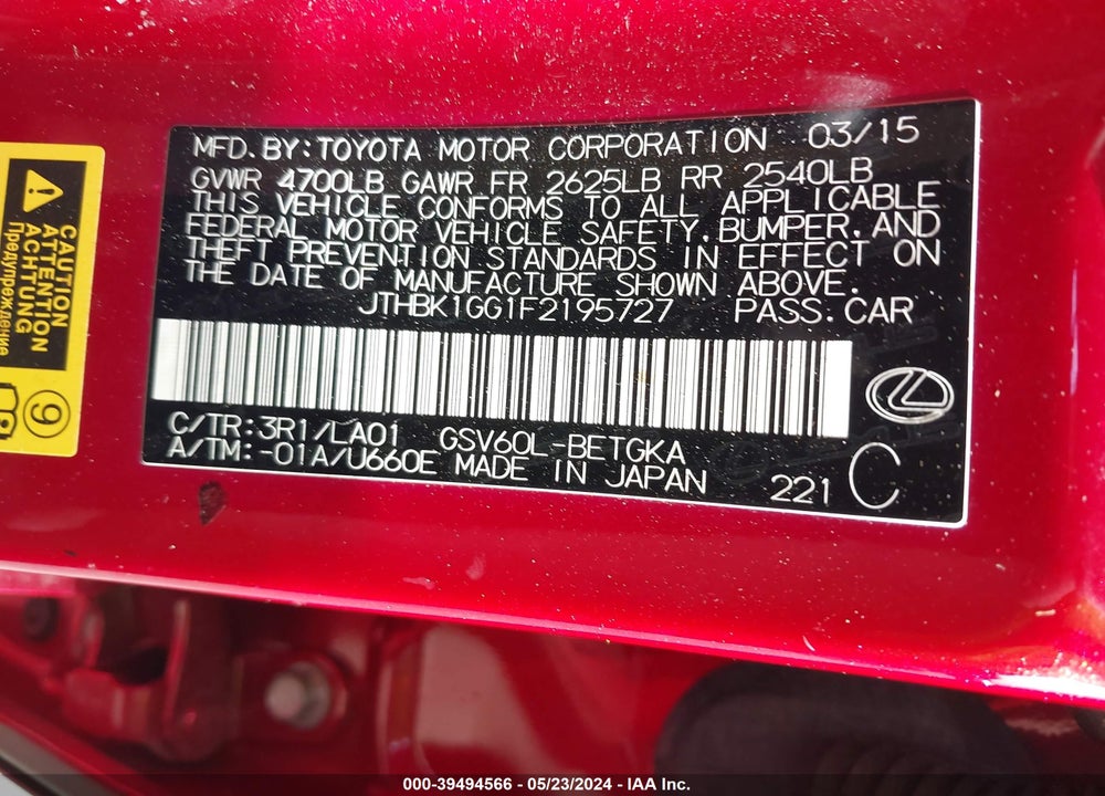2015 LEXUS ES VIN: JTHBK1GG1F2195727