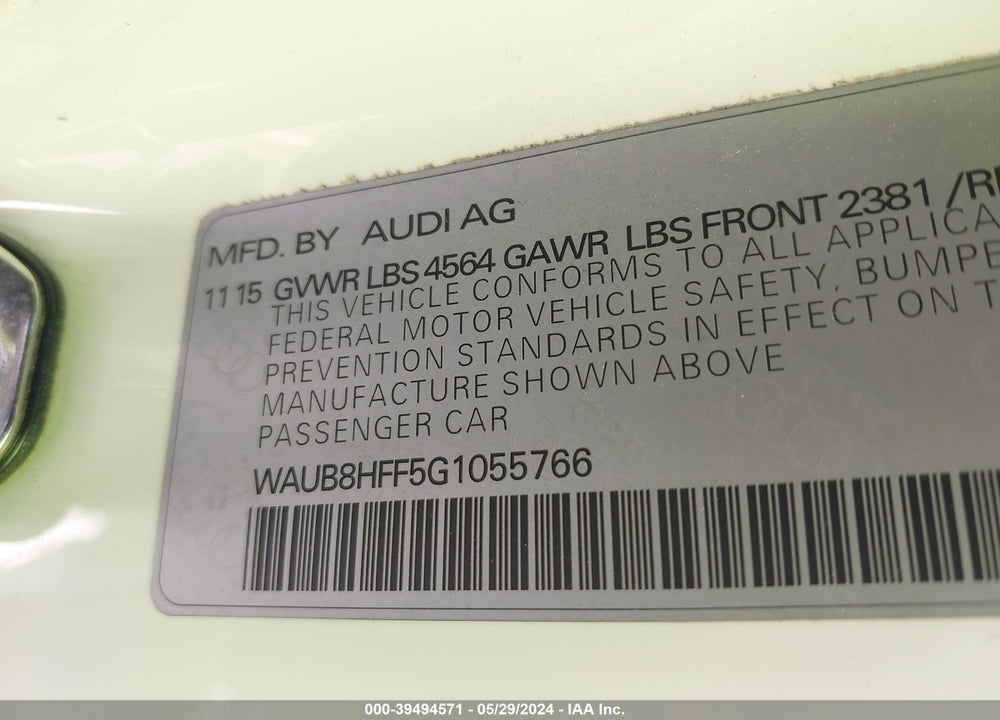 2016 AUDI A3 2.0T PREMIUM VIN: WAUB8HFF5G1055766