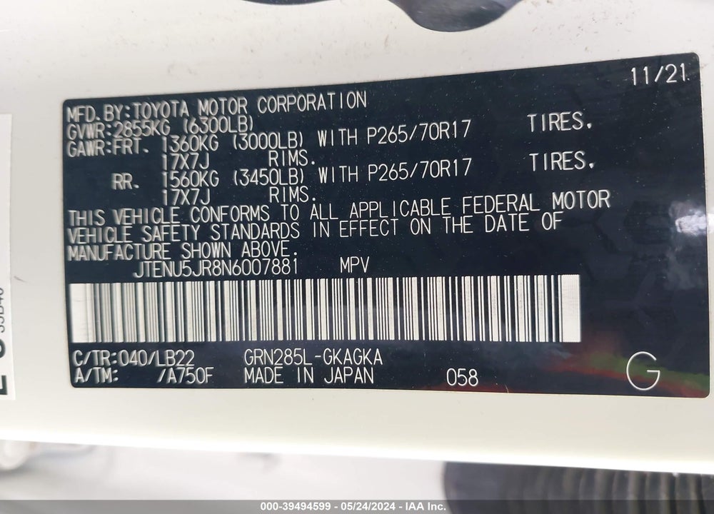 2022 TOYOTA 4RUNNER SR5 PREMIUM VIN: JTENU5JR8N6007881