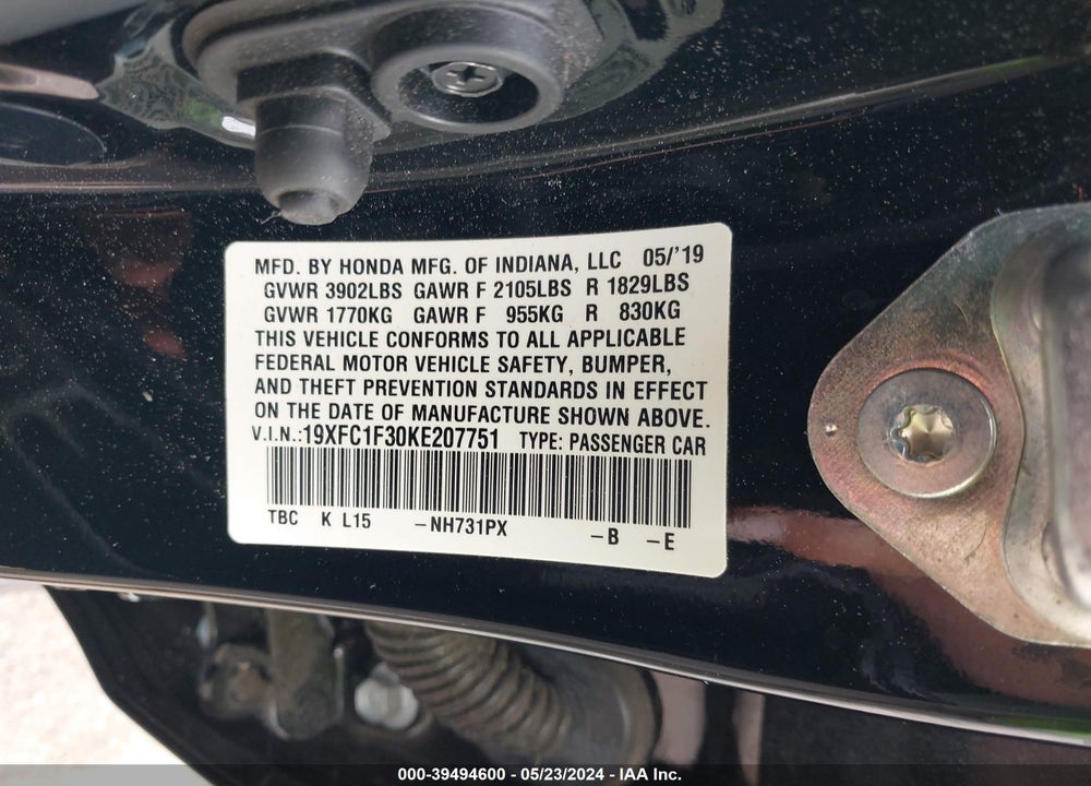 2019 HONDA CIVIC EX VIN: 19XFC1F30KE207751