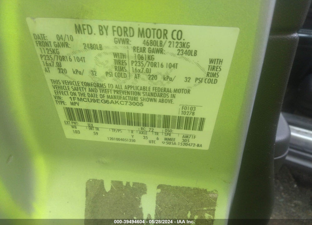 2010 FORD ESCAPE LIMITED VIN: 1FMCU9EG6AKC73005