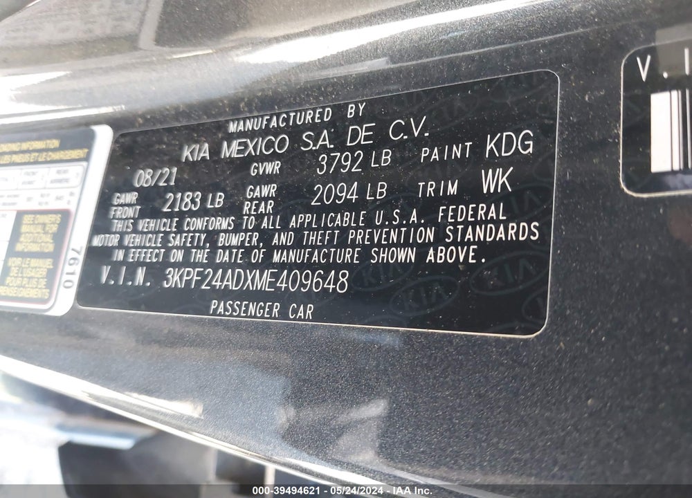 2021 KIA FORTE LXS VIN: 3KPF24ADXME409648
