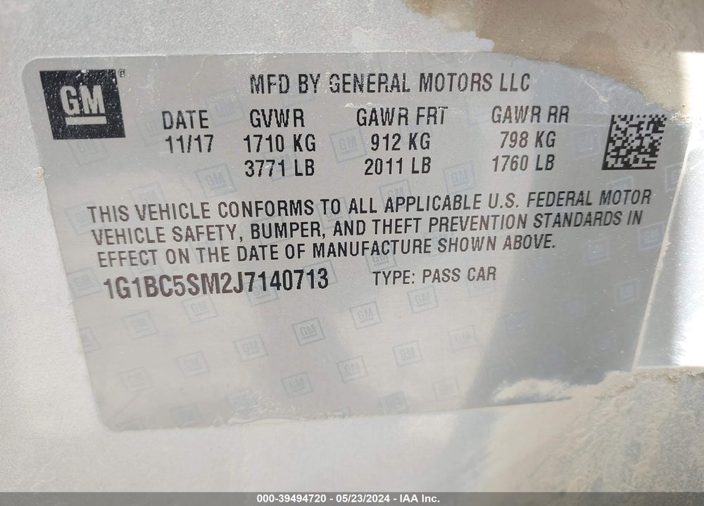 2018 CHEVROLET CRUZE LS AUTO VIN: 1G1BC5SM2J7140713