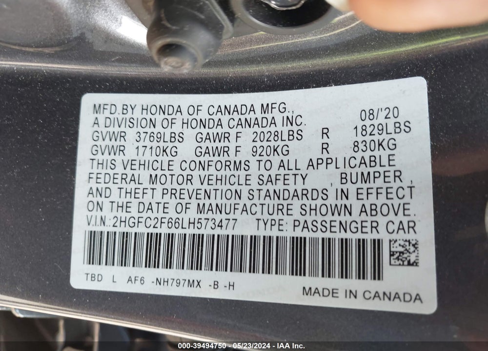 2020 HONDA CIVIC LX VIN: 2HGFC2F66LH573477