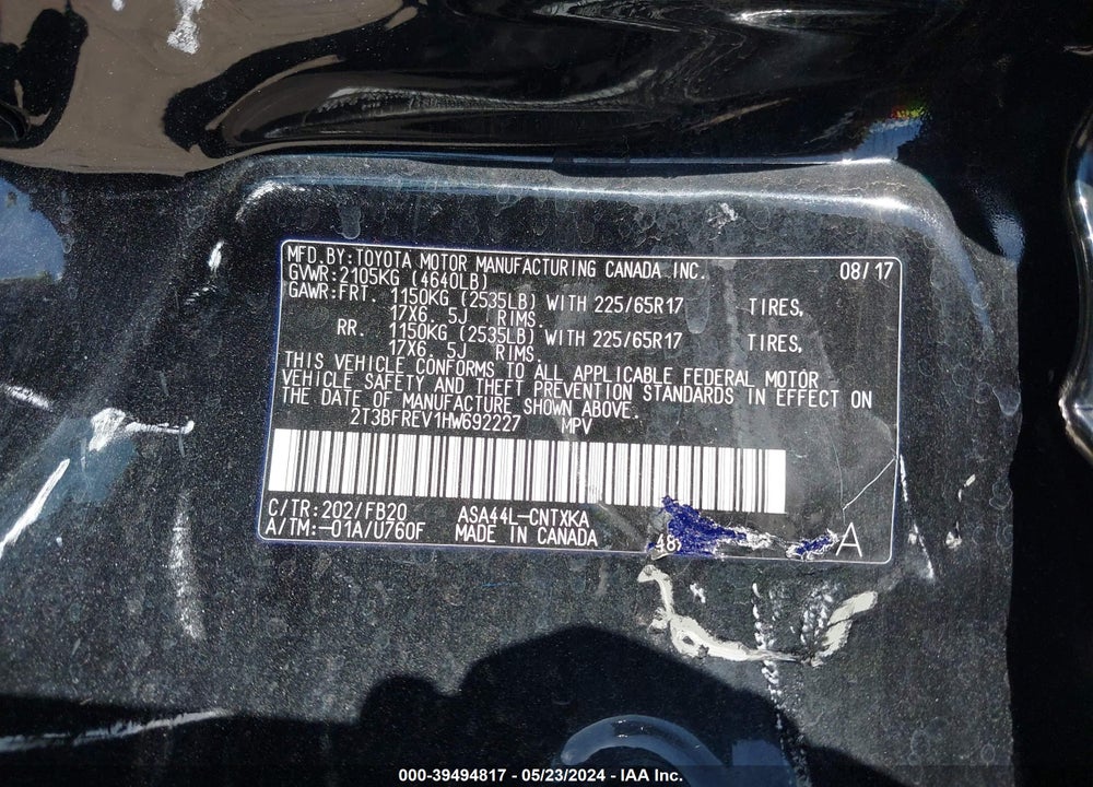 2017 TOYOTA RAV4 LE VIN: 2T3BFREV1HW692227