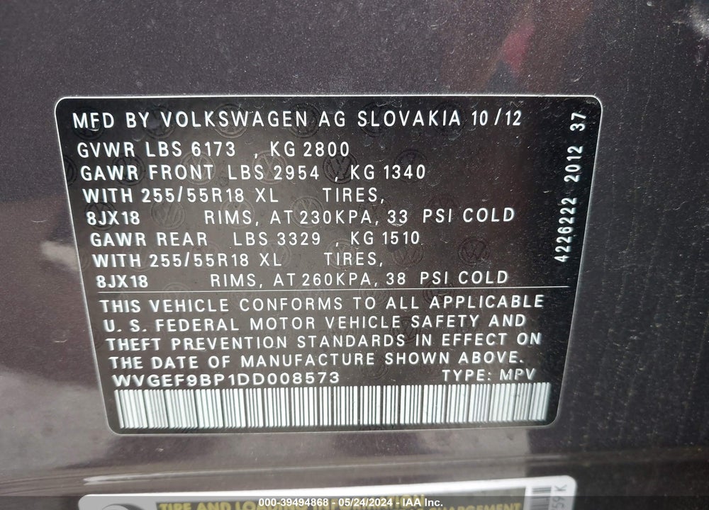 2013 VOLKSWAGEN TOUAREG VR6 SPORT VIN: WVGEF9BP1DD008573