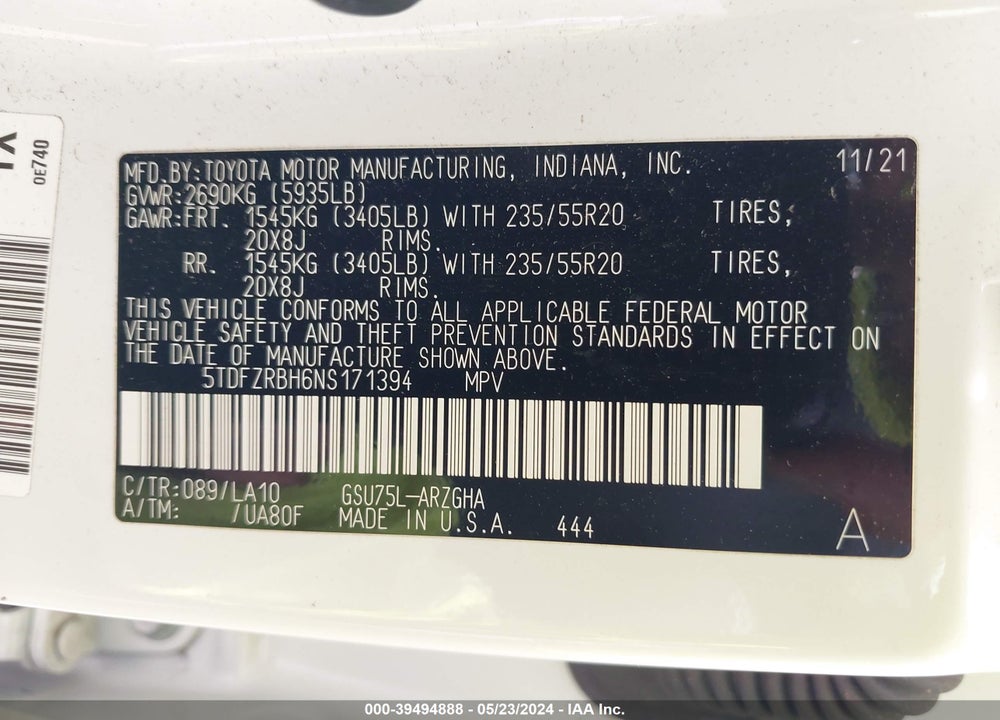 2022 TOYOTA HIGHLANDER PLATINUM VIN: 5TDFZRBH6NS171394