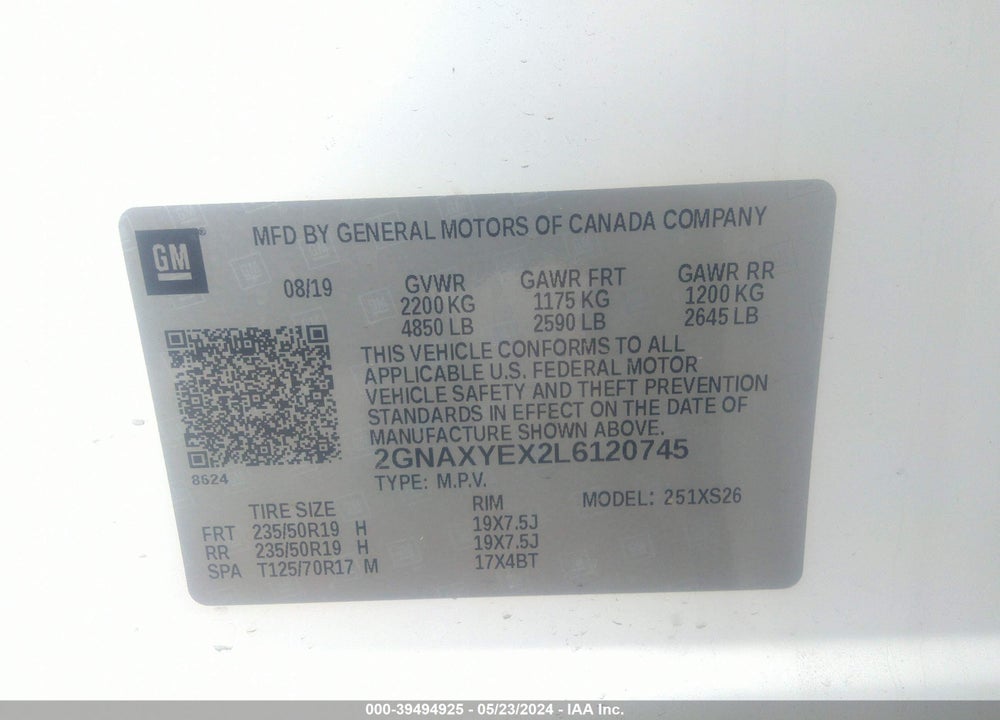 2020 CHEVROLET EQUINOX AWD PREMIER 2.0L TURBO VIN: 2GNAXYEX2L6120745