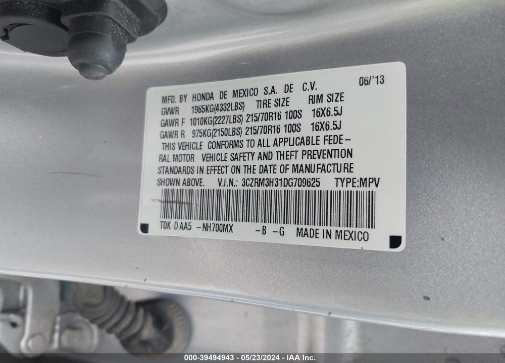 2013 HONDA CR-V LX VIN: 3CZRM3H31DG709625