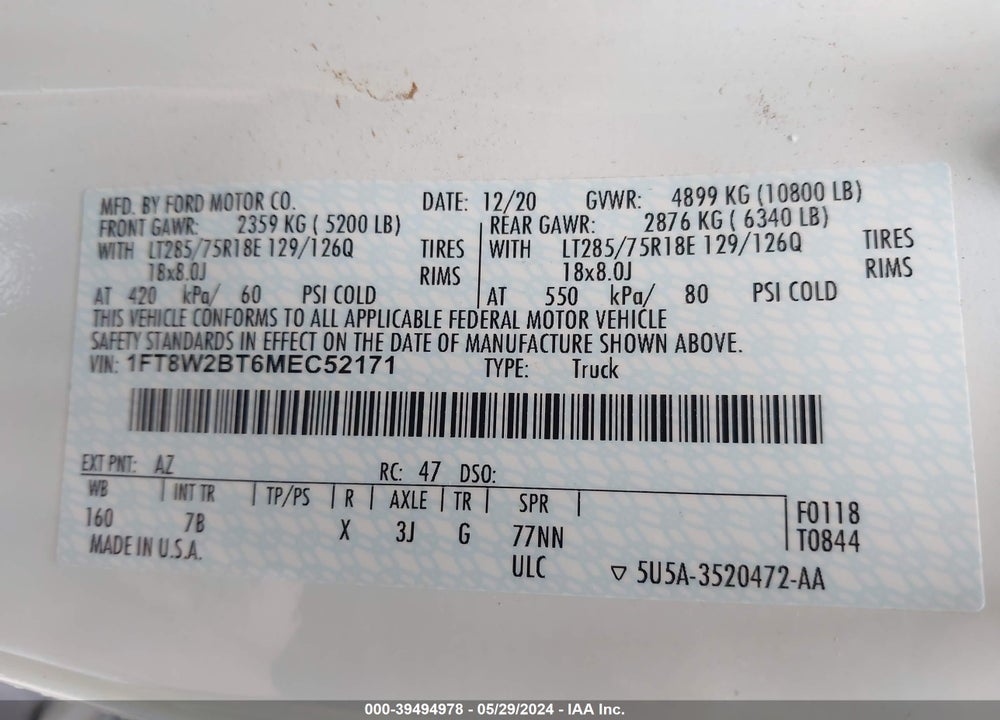 2021 FORD F-250 PLATINUM VIN: 1FT8W2BT6MEC52171