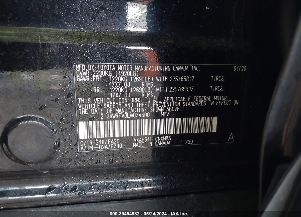 2020 TOYOTA RAV4 XLE HYBRID VIN: 2T3RWRFV0LW074600