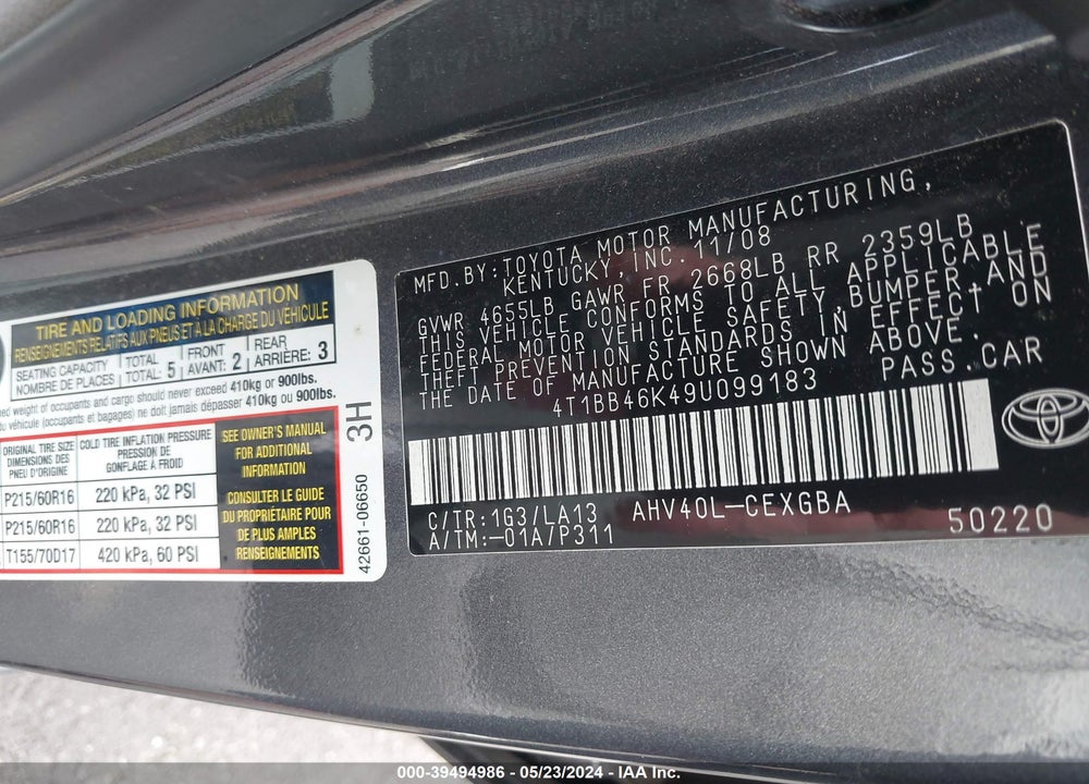 2009 TOYOTA CAMRY HYBRID VIN: 4T1BB46K49U099183
