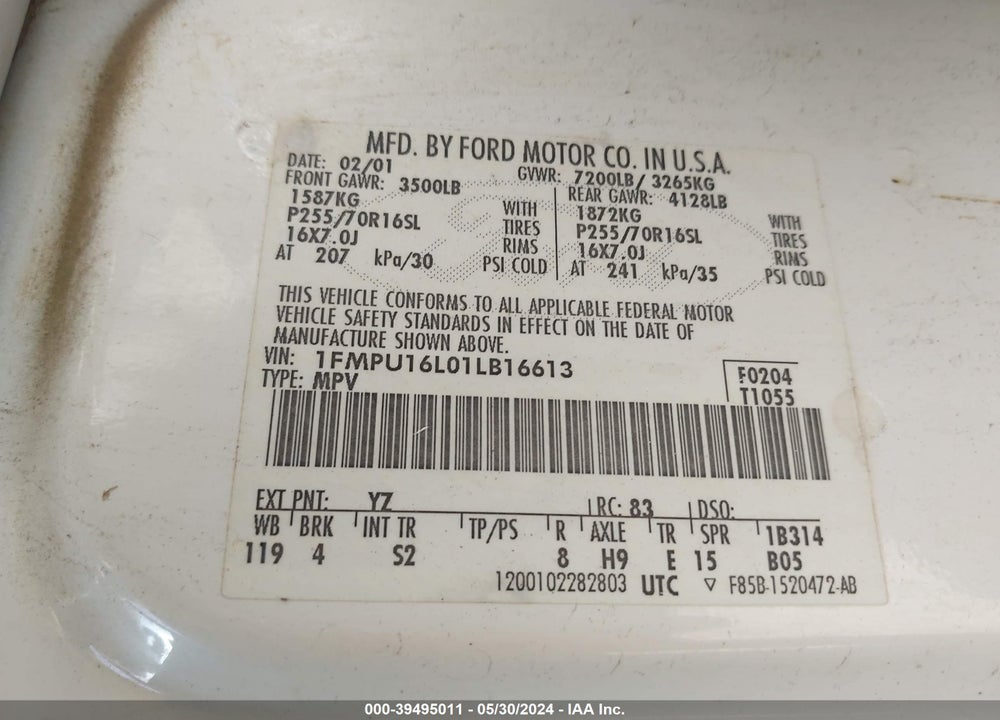 2001 FORD EXPEDITION XLT VIN: 1FMPU16L01LB16613