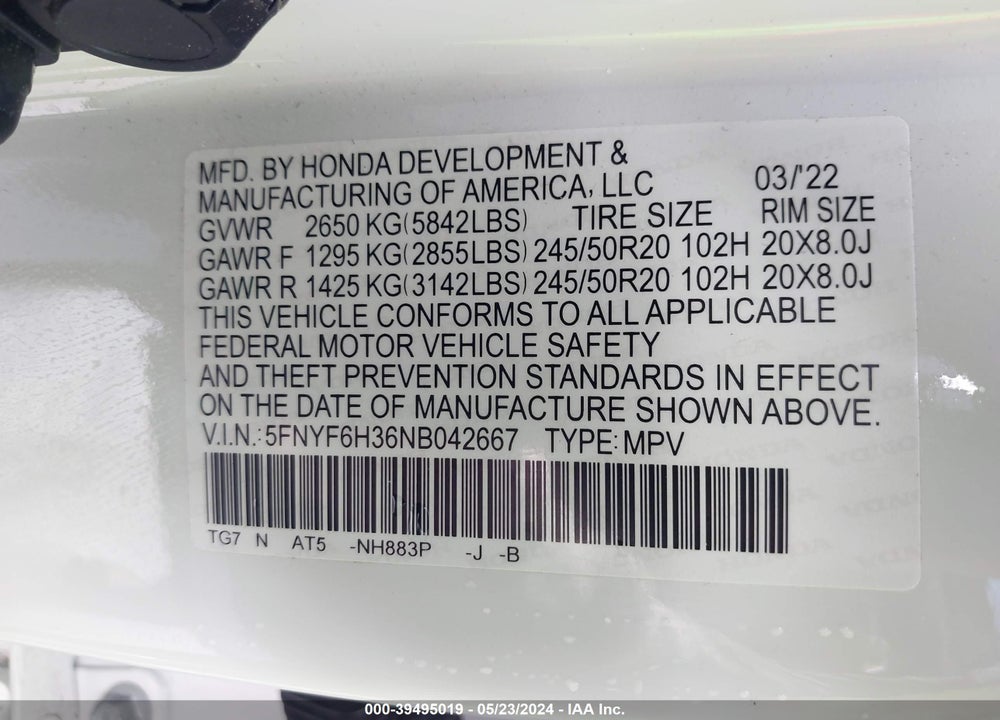 2022 HONDA PILOT AWD SPORT VIN: 5FNYF6H36NB042667