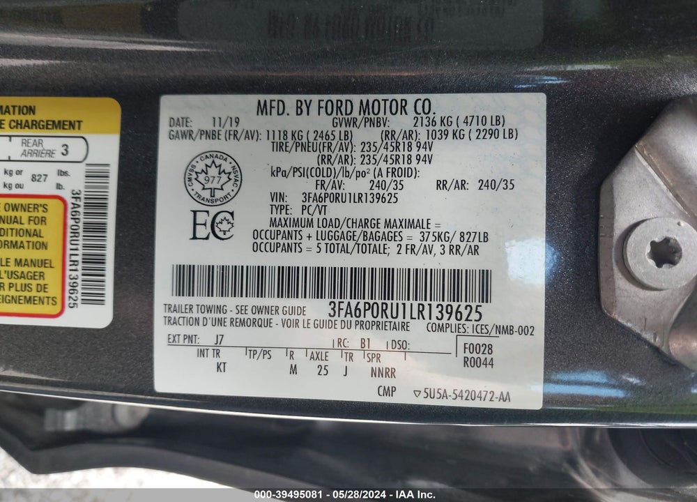 2020 FORD FUSION HYBRID TITANIUM VIN: 3FA6P0RU1LR139625