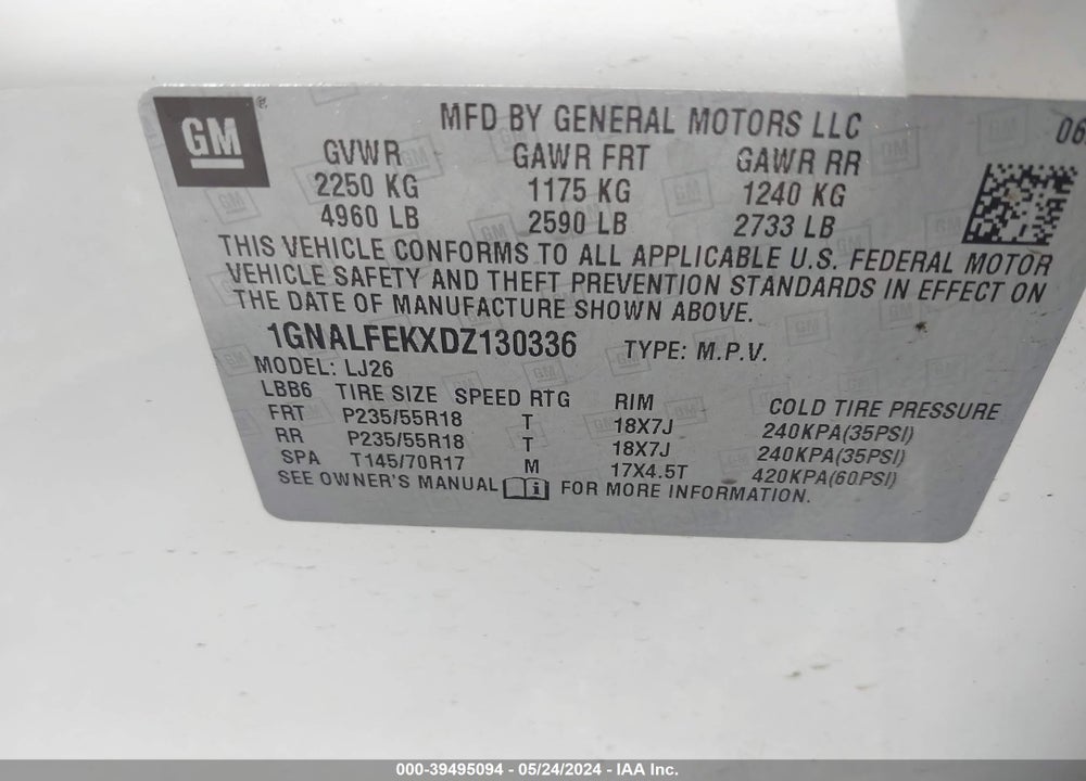 2013 CHEVROLET EQUINOX LTZ VIN: 1GNALFEKXDZ130336