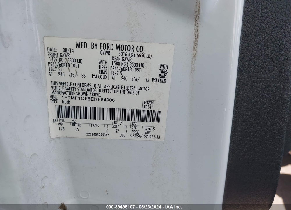 2014 FORD F-150 STX VIN: 1FTMF1CF8EKF54906