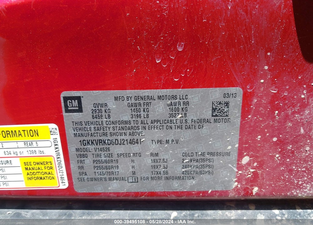 2013 GMC ACADIA SLT-1 VIN: 1GKKVRKD6DJ214641