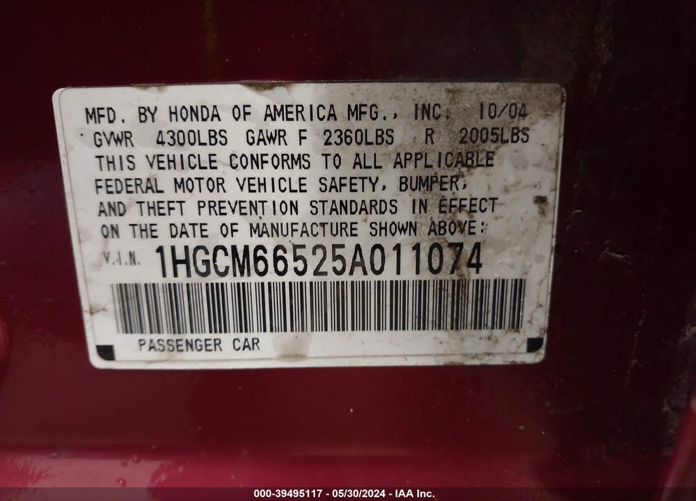 2005 HONDA ACCORD 3.0 EX VIN: 1HGCM66525A011074