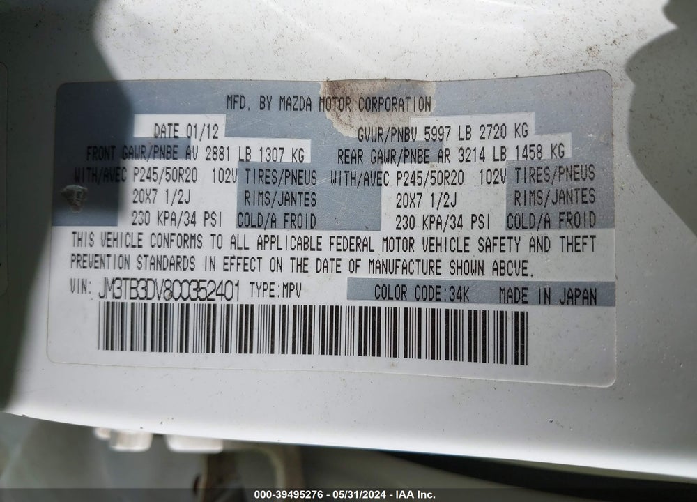 2012 MAZDA CX-9 GRAND TOURING VIN: JM3TB3DV8C0352401