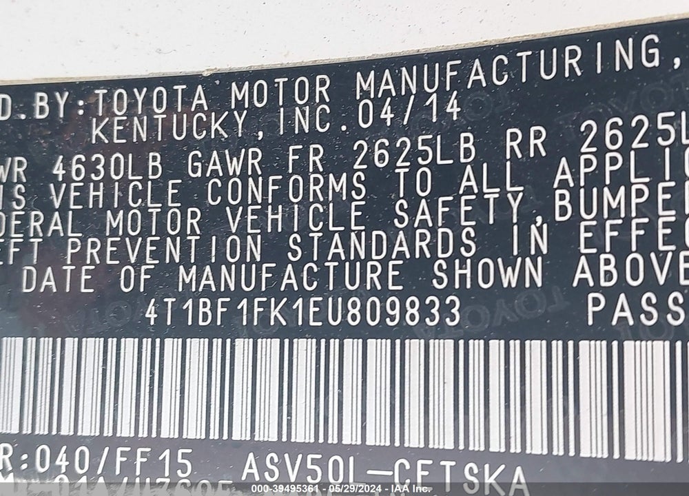 2014 TOYOTA CAMRY SE VIN: 4T1BF1FK1EU809833