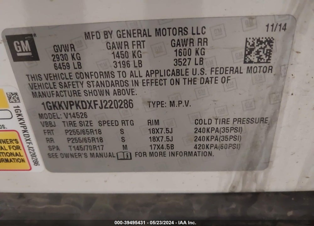 2015 GMC ACADIA SLE-2 VIN: 1GKKVPKDXFJ220286
