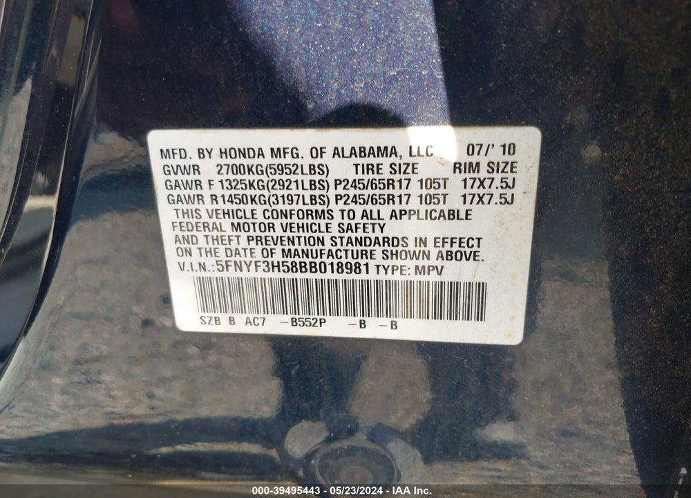 2011 HONDA PILOT EX-L VIN: 5FNYF3H58BB018981