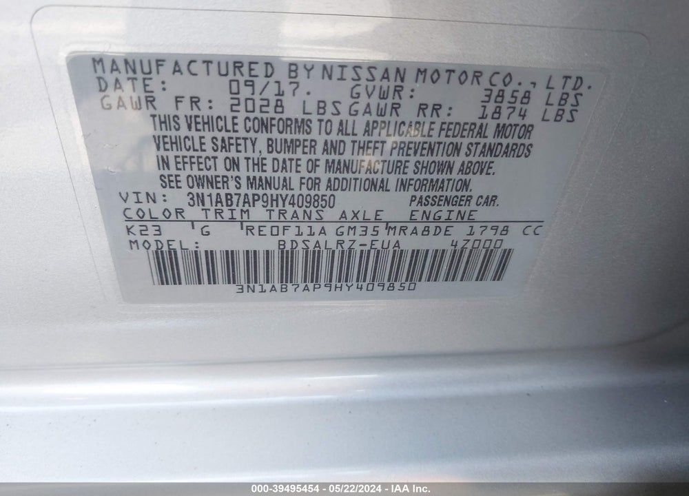 2017 NISSAN SENTRA SR VIN: 3N1AB7AP9HY409850