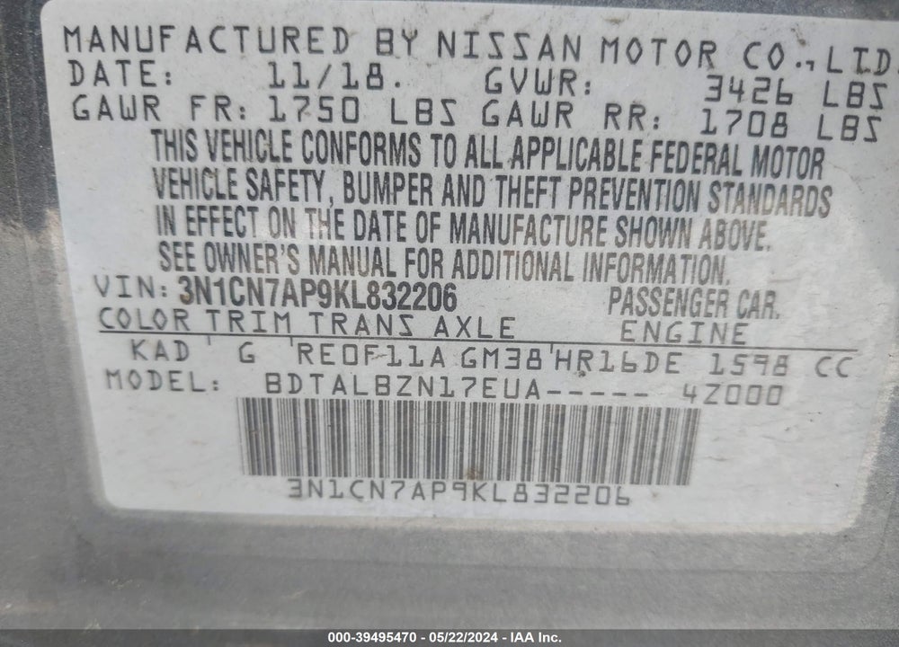 2019 NISSAN VERSA 1.6 SV VIN: 3N1CN7AP9KL832206