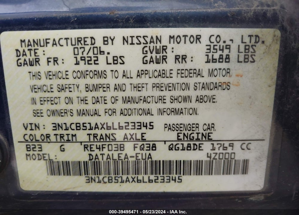 2006 NISSAN SENTRA 1.8S VIN: 3N1CB51AX6L623345