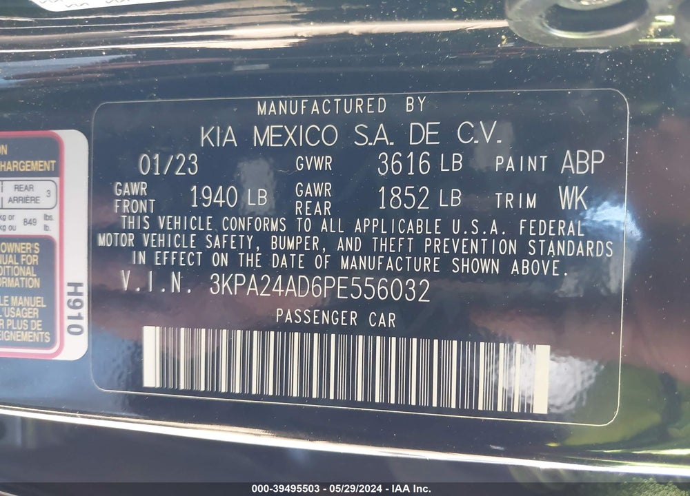 2023 KIA RIO S VIN: 3KPA24AD6PE556032