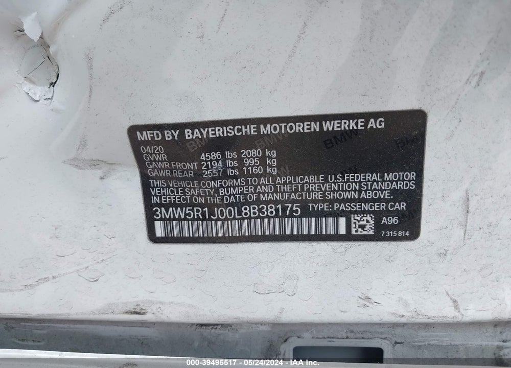 2020 BMW 330I VIN: 3MW5R1J00L8B38175