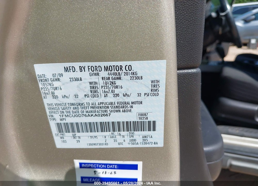 2010 FORD ESCAPE XLT VIN: 1FMCU0D76AKA02667