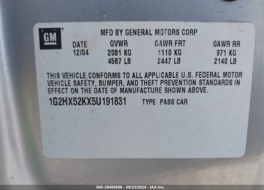 2005 PONTIAC BONNEVILLE SE VIN: 1G2HX52KX5U191831