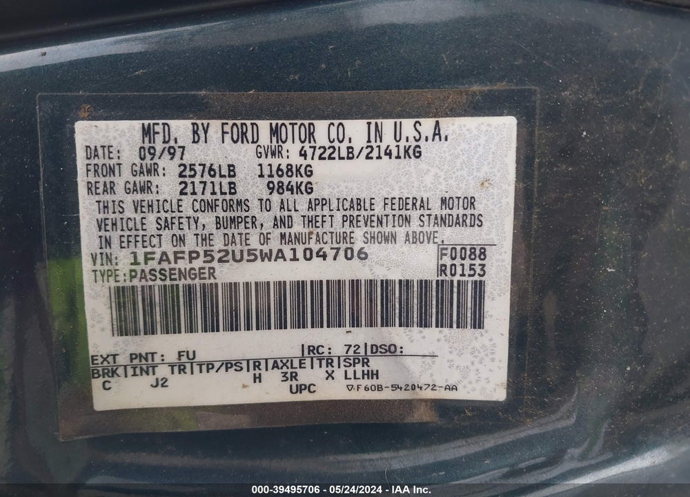 1998 FORD TAURUS LX/SE VIN: 1FAFP52U5WA104706