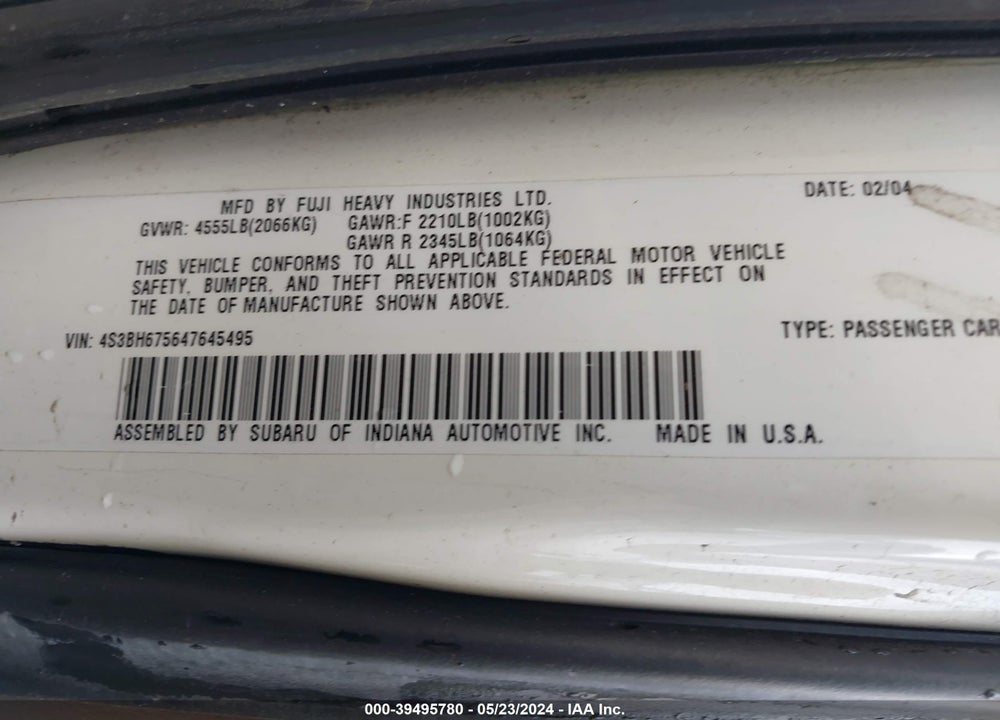 2004 SUBARU OUTBACK VIN: 4S3BH675647645495