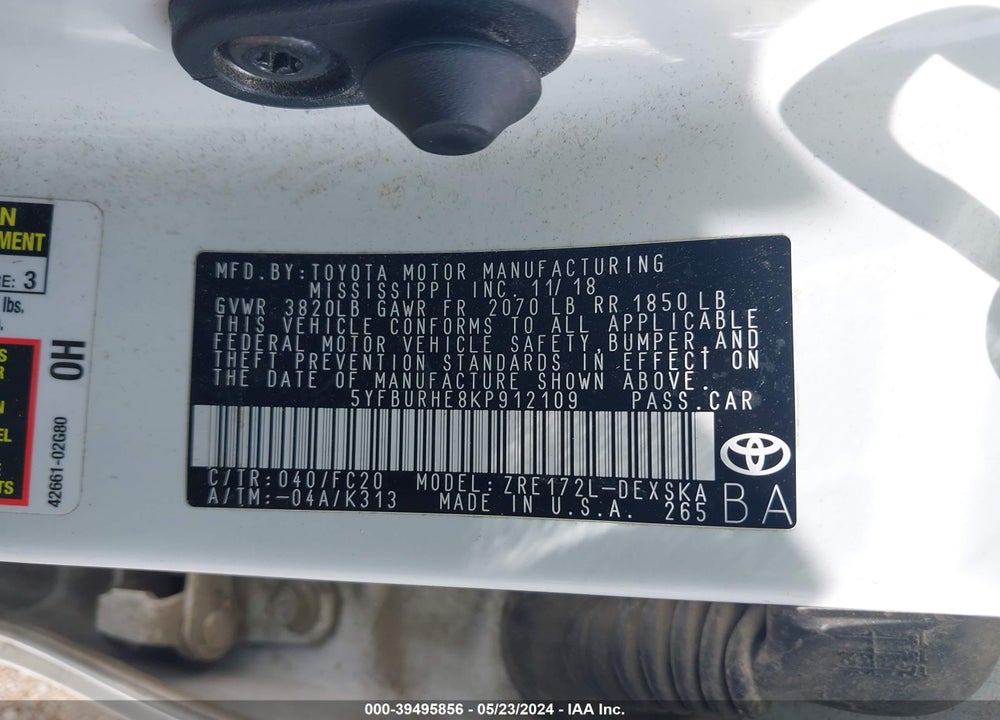 2019 TOYOTA COROLLA SE VIN: 5YFBURHE8KP912109