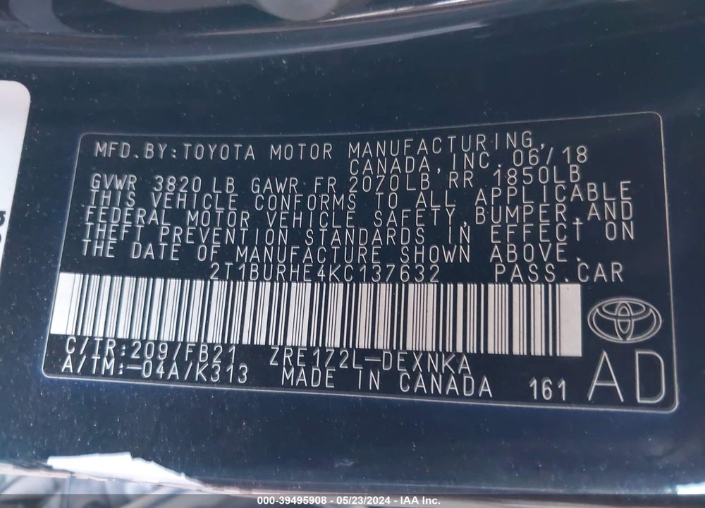 2019 TOYOTA COROLLA LE VIN: 2T1BURHE4KC137632
