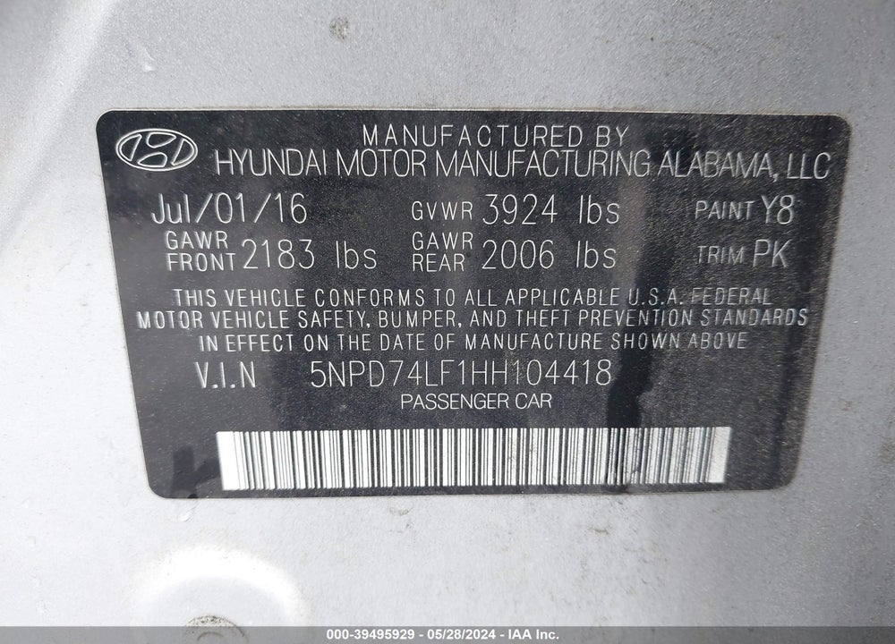 2017 HYUNDAI ELANTRA SE VIN: 5NPD74LF1HH104418