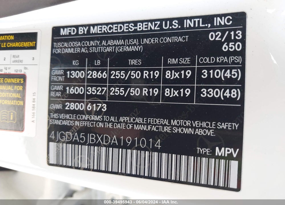 2013 MERCEDES-BENZ ML 350 VIN: 4JGDA5JBXDA191014