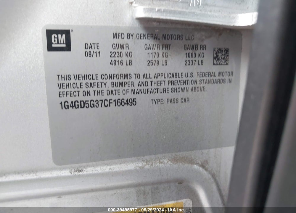2012 BUICK LACROSSE PREMIUM 1 GROUP VIN: 1G4GD5G37CF166495