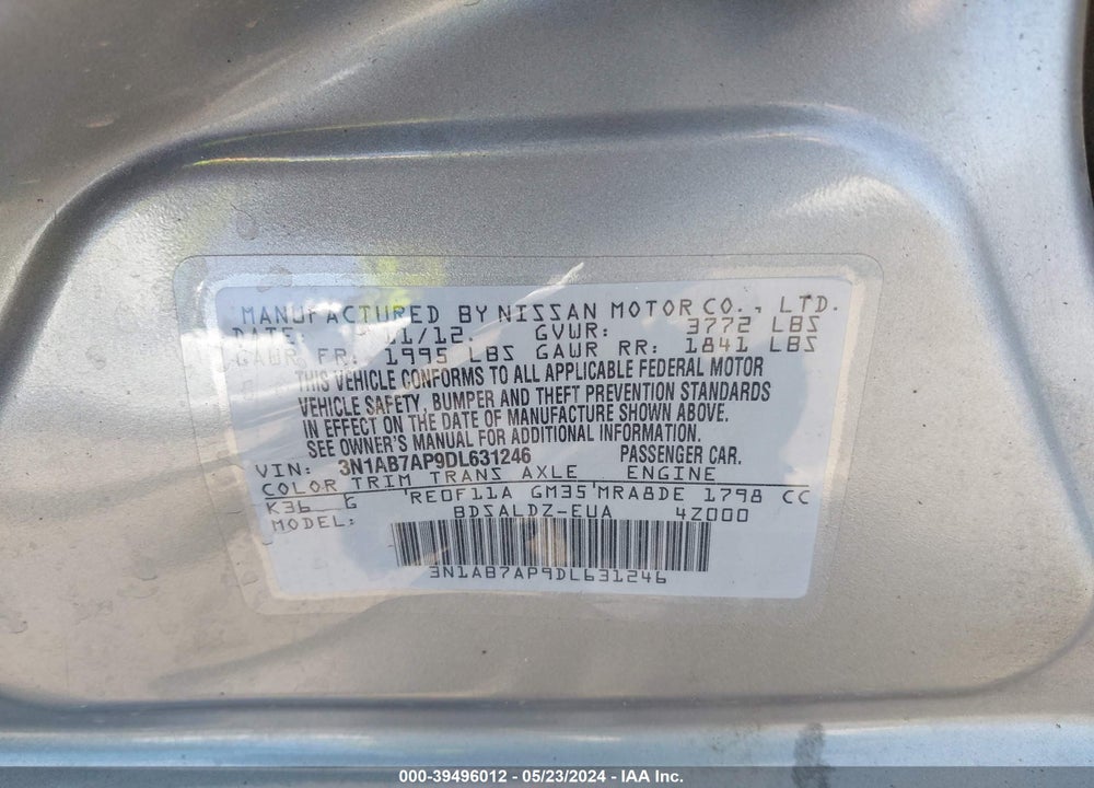 2013 NISSAN SENTRA SV VIN: 3N1AB7AP9DL631246