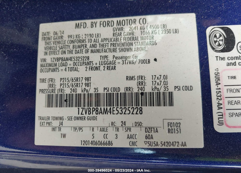2014 FORD MUSTANG V6 VIN: 1ZVBP8AM4E5325228