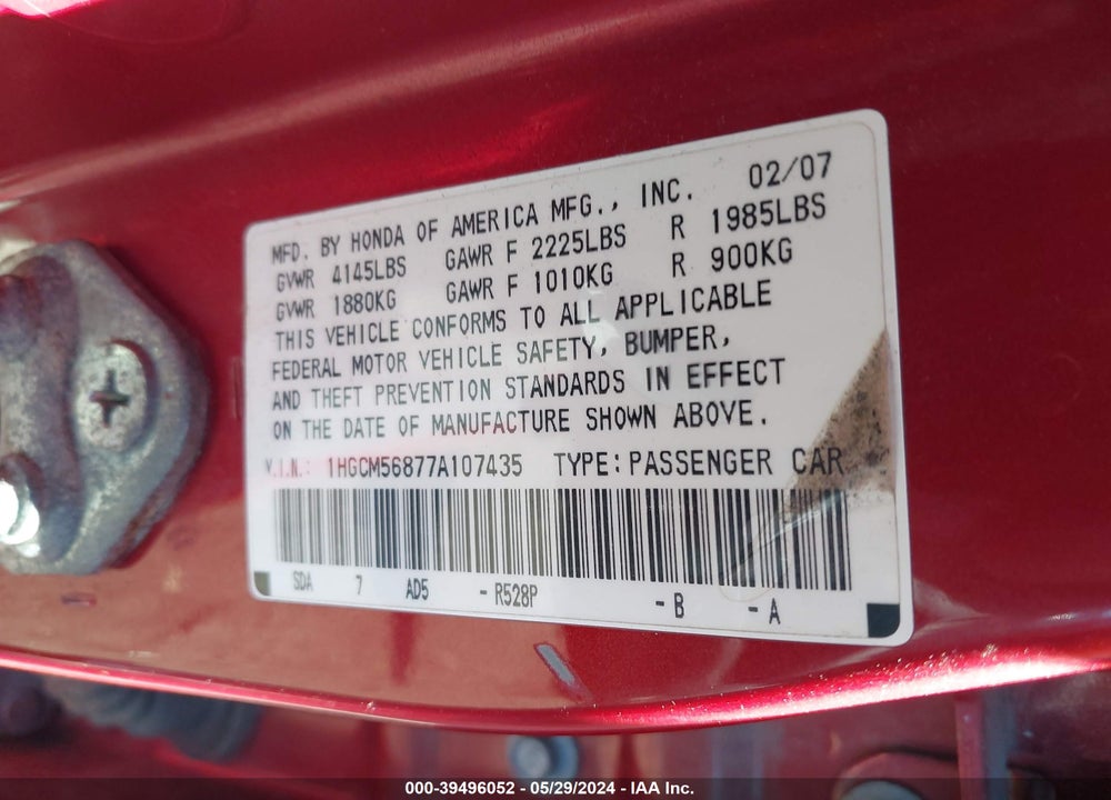 2007 HONDA ACCORD 2.4 EX VIN: 1HGCM56877A107435